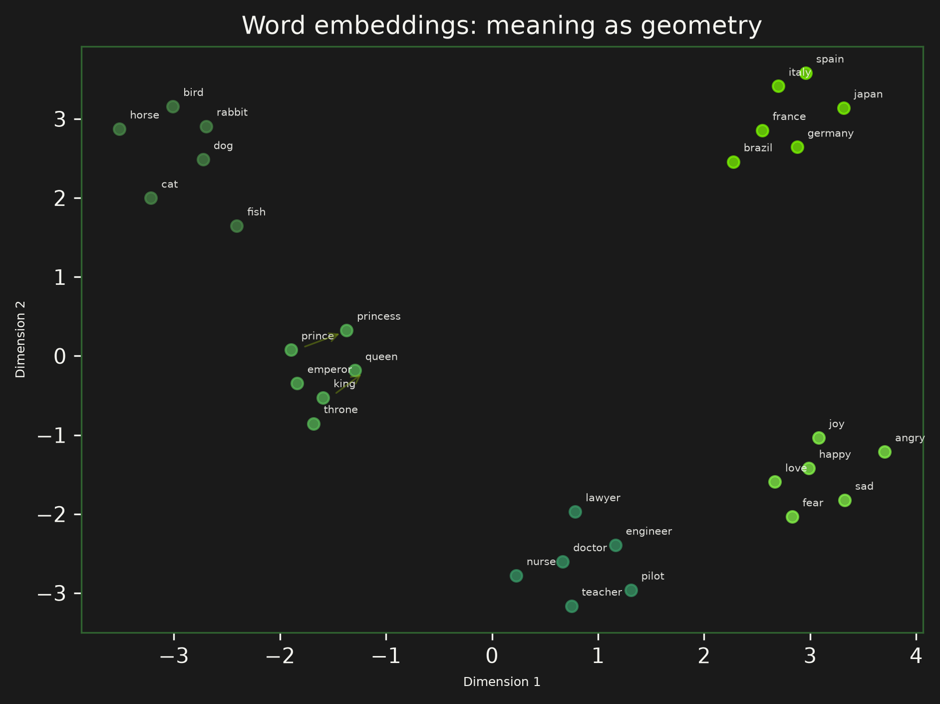 Word embeddings — similar words cluster together, analogies form parallel lines